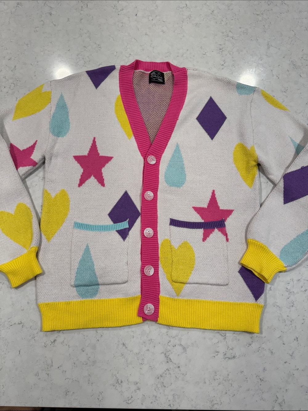 Steady Hands Colorful Heart Star Cardigan Jacket Pockets Sz M/L Yellow Purple